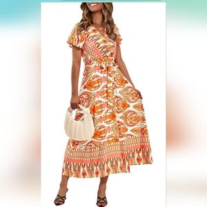 Elegant Orange Patterned Maxi Dress
